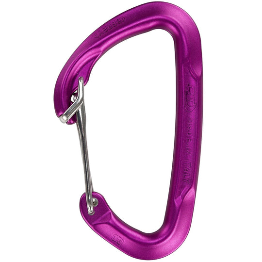 Purple carabiner on a white background